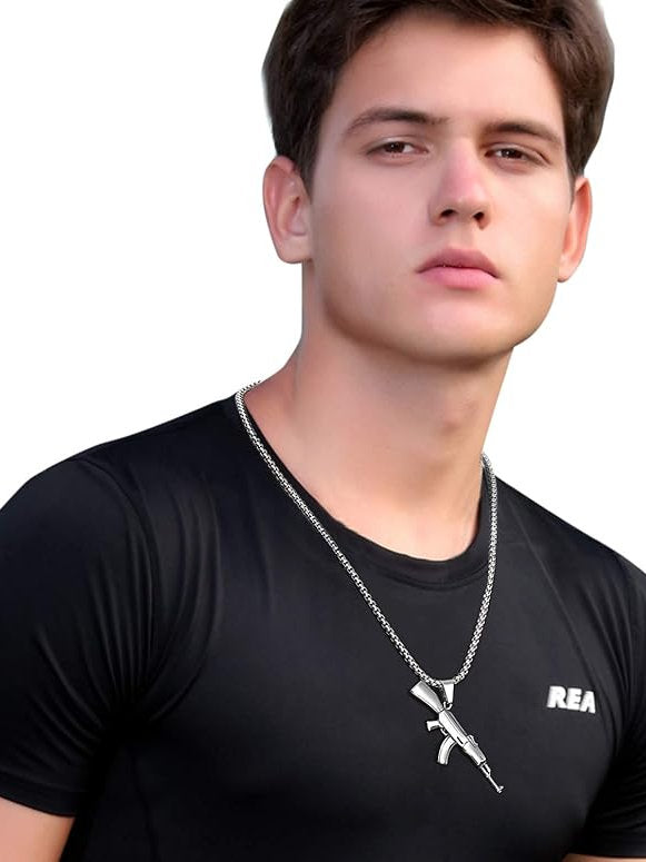 Lantisor cu pandantiv AK47 de 71mm, inox, in cutie cadou, 60cm
