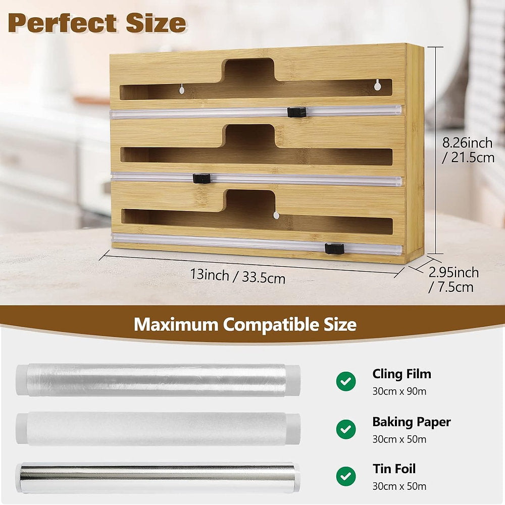 Dispenser, distribuitor de folie bucatarie, 3 in 1, lemn de bambus