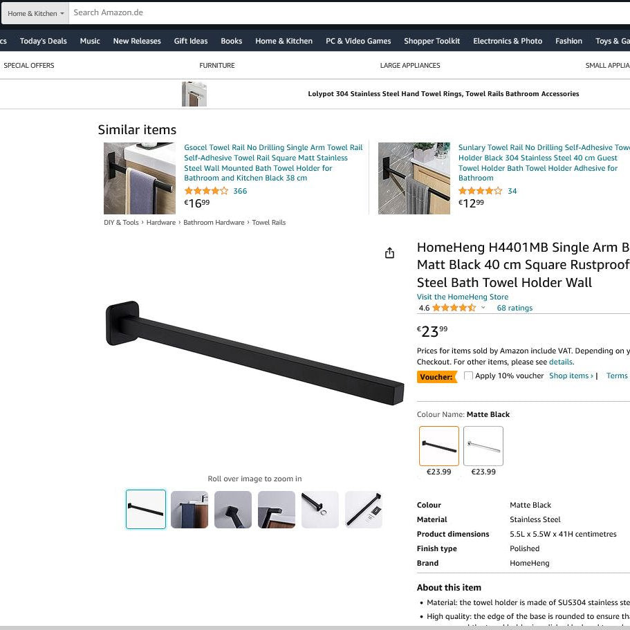 Suport prosop, tija perete, 40cm