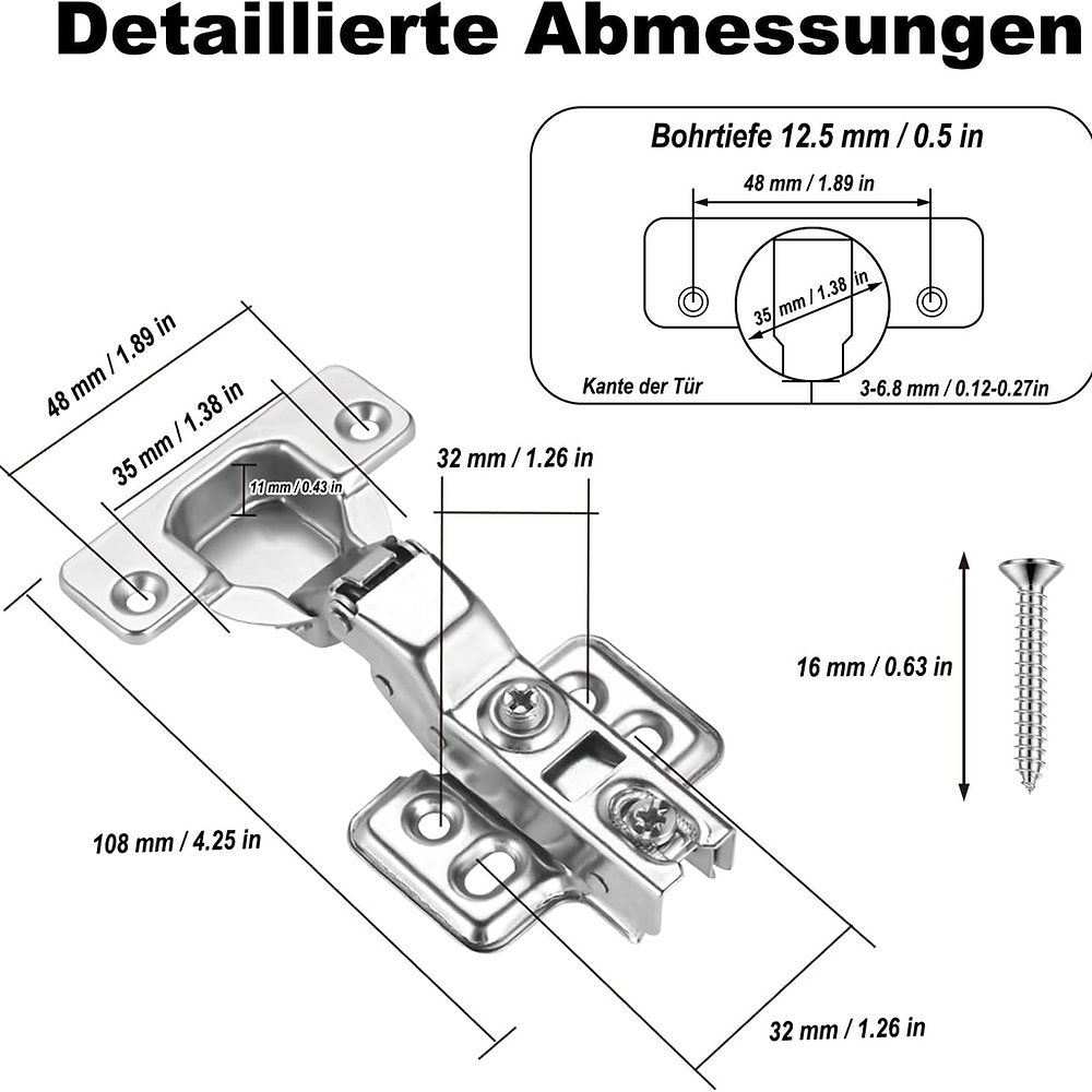 Balamale usa dulap masa cu amortizor si suruburi, 110°, 48x108mm, set de 6