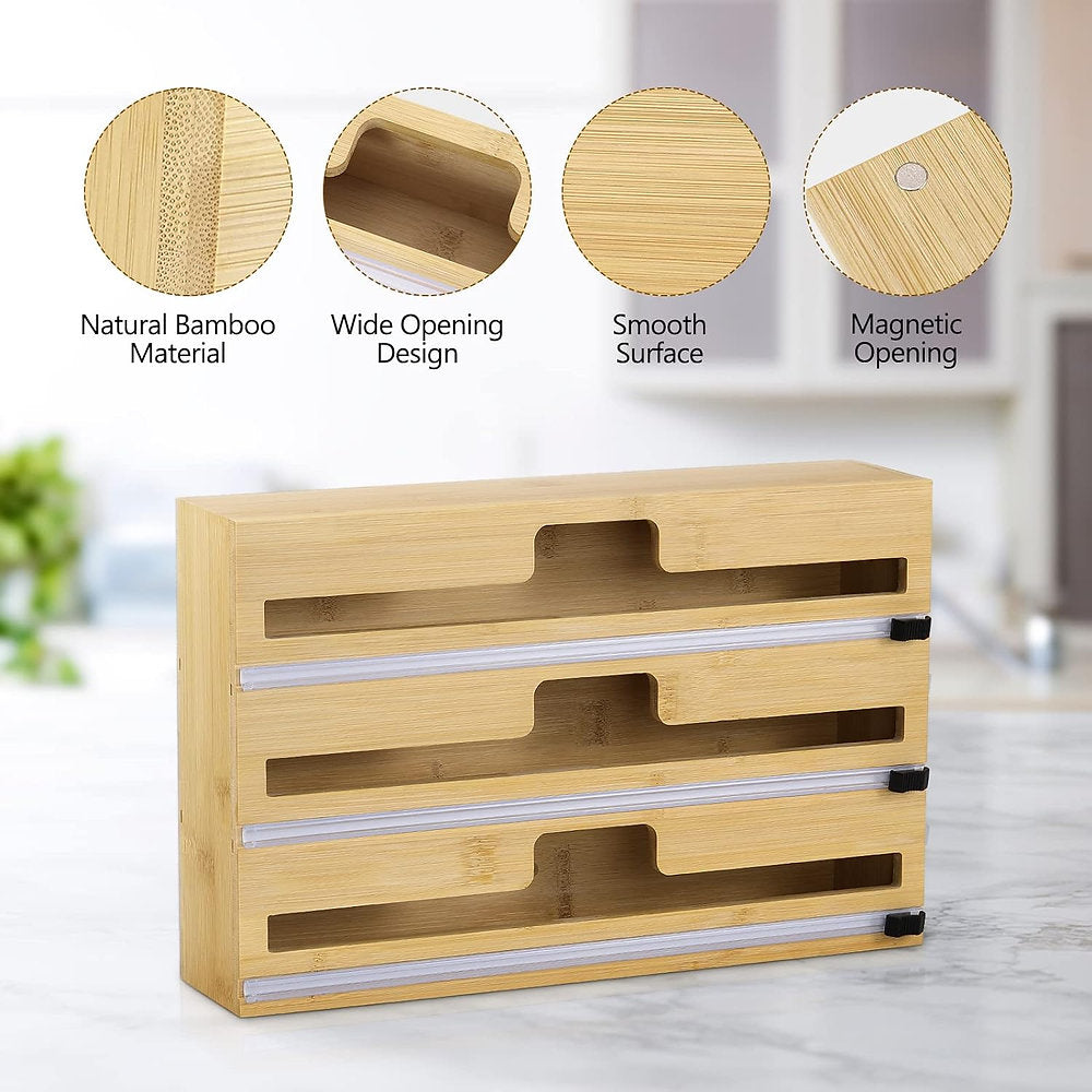Dispenser, distribuitor de folie bucatarie, 3 in 1, lemn de bambus