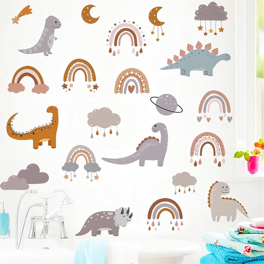 Autocolant de perete cu dinozauri pentru copii, curcubeu și maro, vinil PVC, luc
