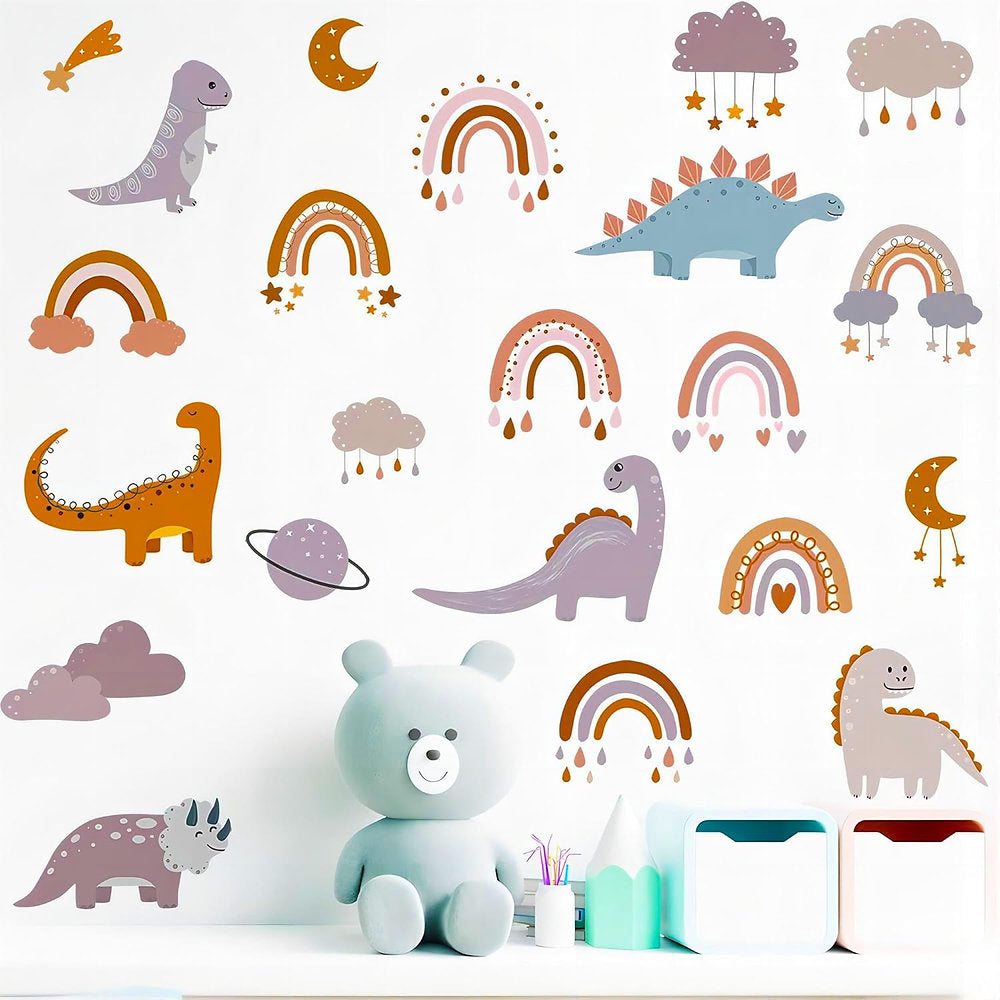Autocolant de perete cu dinozauri pentru copii, curcubeu și maro, vinil PVC, luc