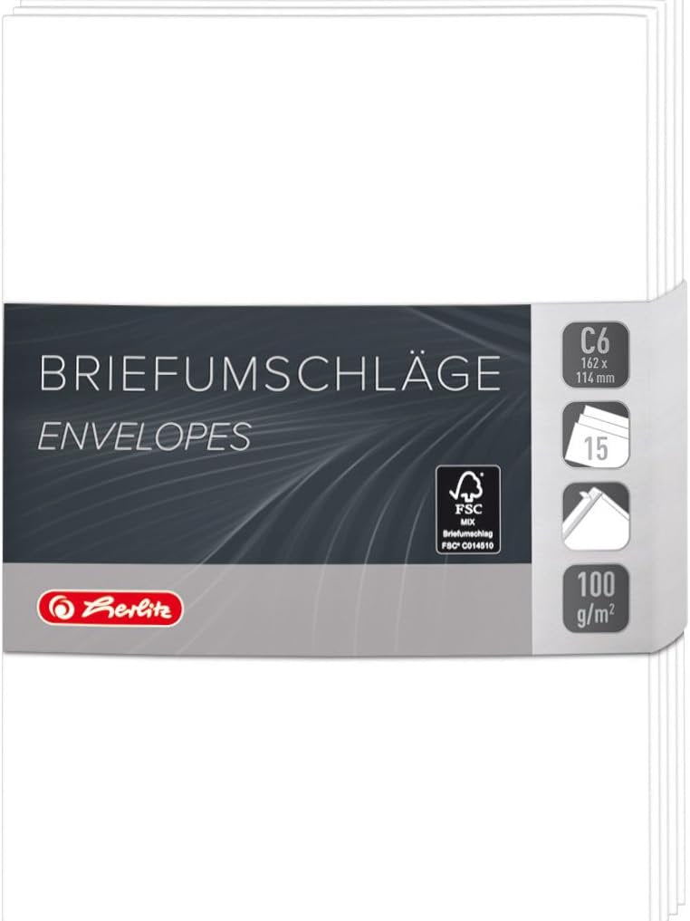 Plicuri albe Herlitz C6, autoadeziv, 15 buc/set, 114 x 162 mm, 100 gr/m²
