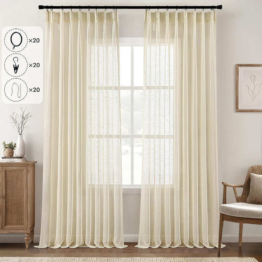 Perdele cu bandă voal, Miulee, 4 opțiuni de fixare, set 2 , 132 x 160cm, bej