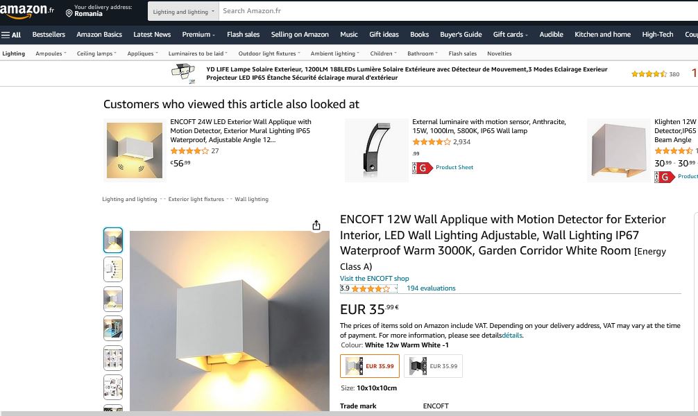 Aplica led interior exterior cu senzor, reglabil, 12W, IP67