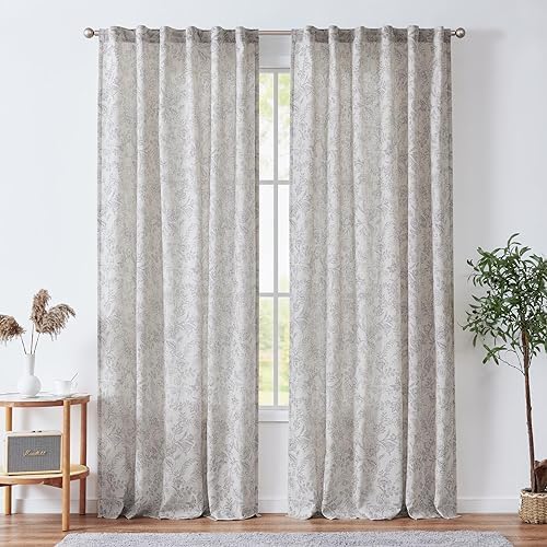 Perdele Vangao semitransparente, bej cu plante gri, in, 140 x 225cm