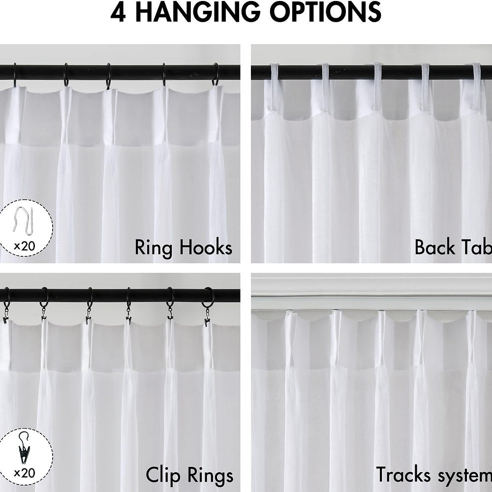 Perdele bandă voal, Miulee, 4 optiuni fixare, set 2 , 132 x 175,225,245cm, alb