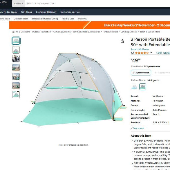 Cort plaja semi-deschis, Wolfwise, UPF 50+, 2-3persoane