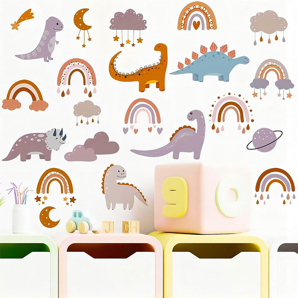 Autocolant de perete cu dinozauri pentru copii, curcubeu și maro, vinil PVC, luc