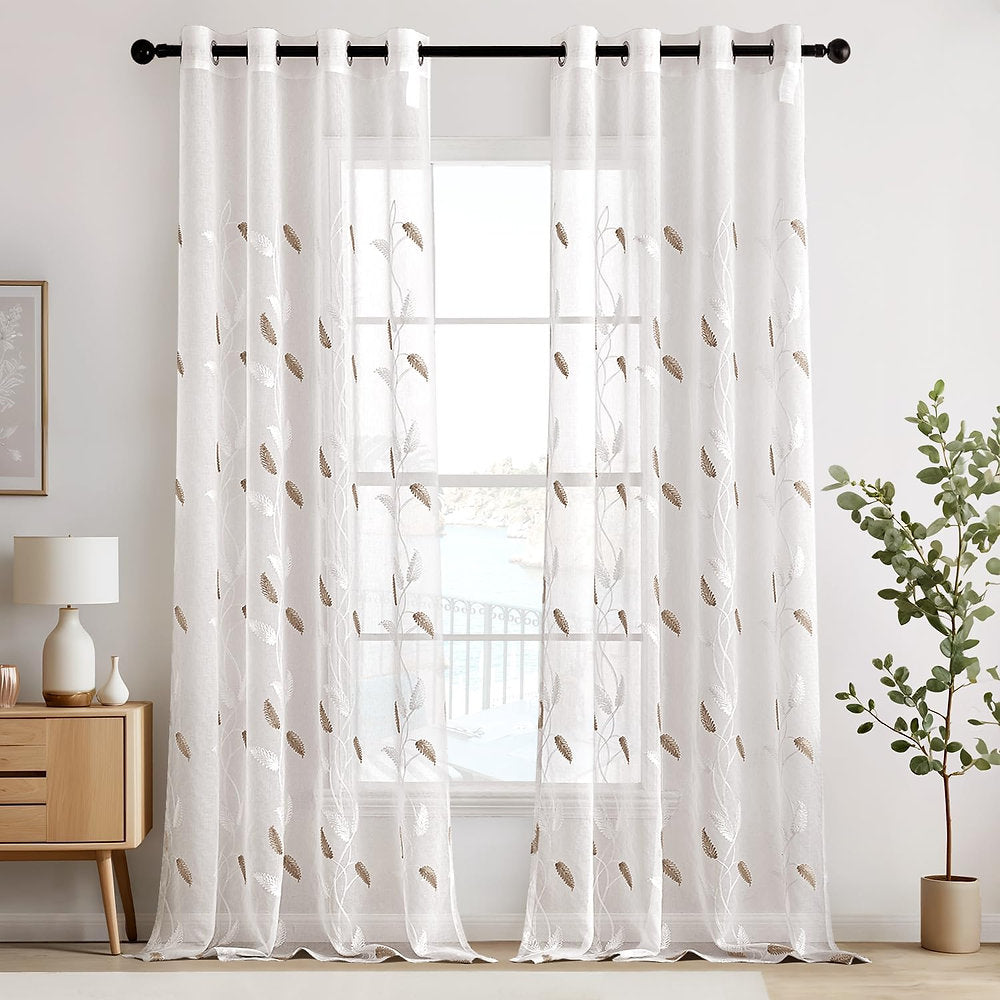 Perdele EMEMA, cu ochiuri transparentă, cu frunze alb si maro, 140 x 245 cm