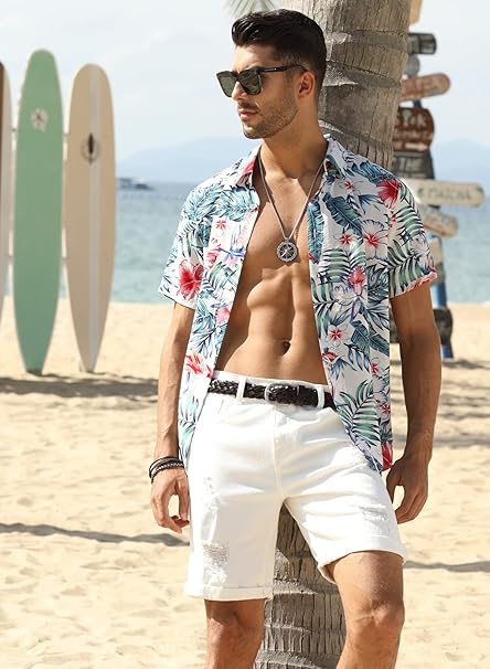 Camasa barbati, Melicloth, maneca scurta, hawaian flamingo, L