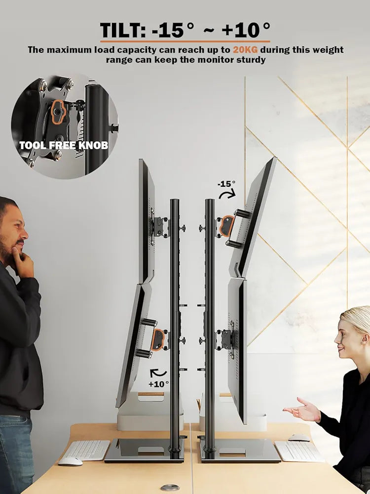 HEMUDU Dual Monitor Stand, Vertical Stack Screen Free-Standing Monitor Riser Fits Two 13 to 34 Inch Screen with Swivel, Tilt, Height Adjustable, Holds One  Screen up to 20kg HT05B-002P