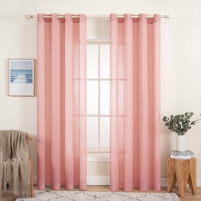 Perdele MIULEE cu bandă cu volane, set de 2 perdele voal transparent, roz, 140 x 260cm