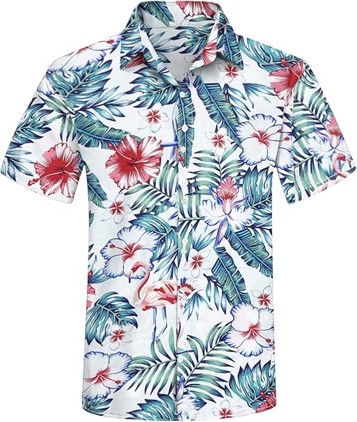 Camasa barbati, Melicloth, maneca scurta, hawaian flamingo, L