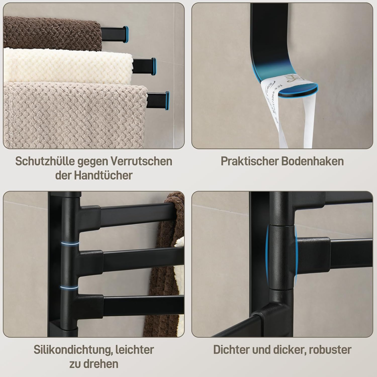 Suport prosoape triplu 180°, fara gaurire, negru