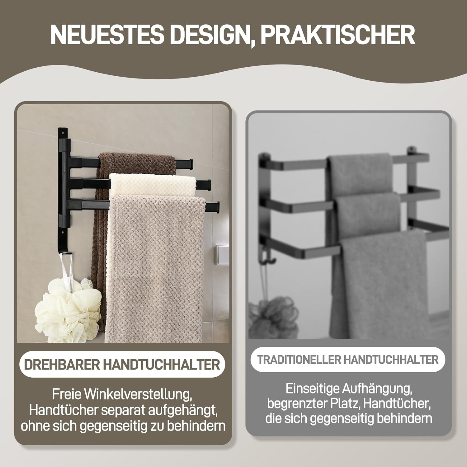 Suport prosoape triplu 180°, fara gaurire, negru