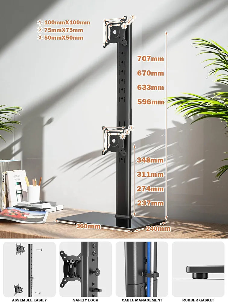 HEMUDU Dual Monitor Stand, Vertical Stack Screen Free-Standing Monitor Riser Fits Two 13 to 34 Inch Screen with Swivel, Tilt, Height Adjustable, Holds One  Screen up to 20kg HT05B-002P