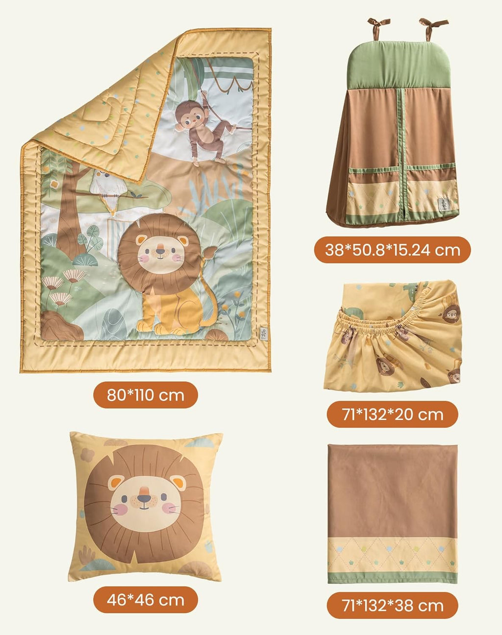 Lenjerie si accesorii pat bebelusi, Robotime, 5 piese, jungla