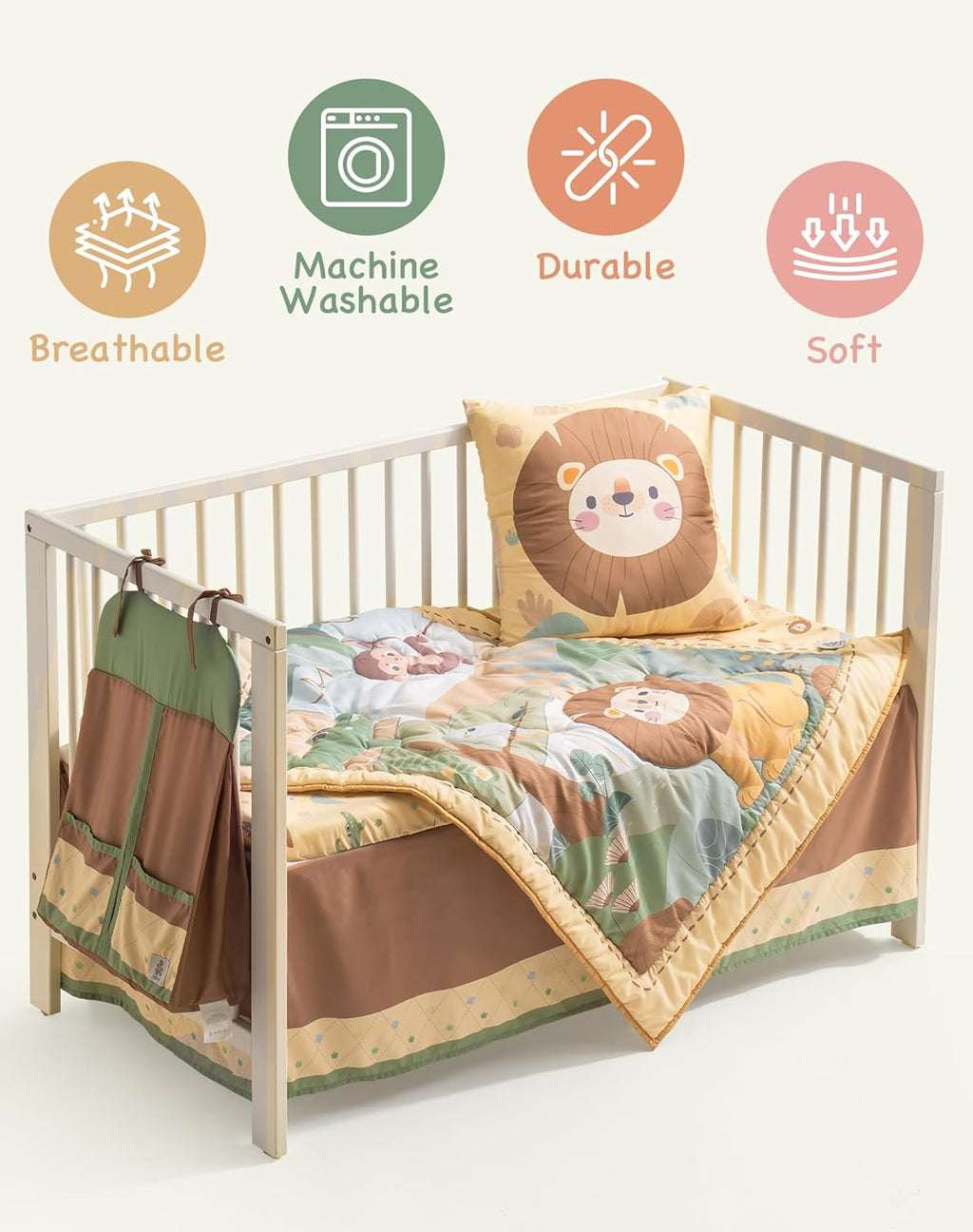 Lenjerie si accesorii pat bebelusi, Robotime, 5 piese, jungla