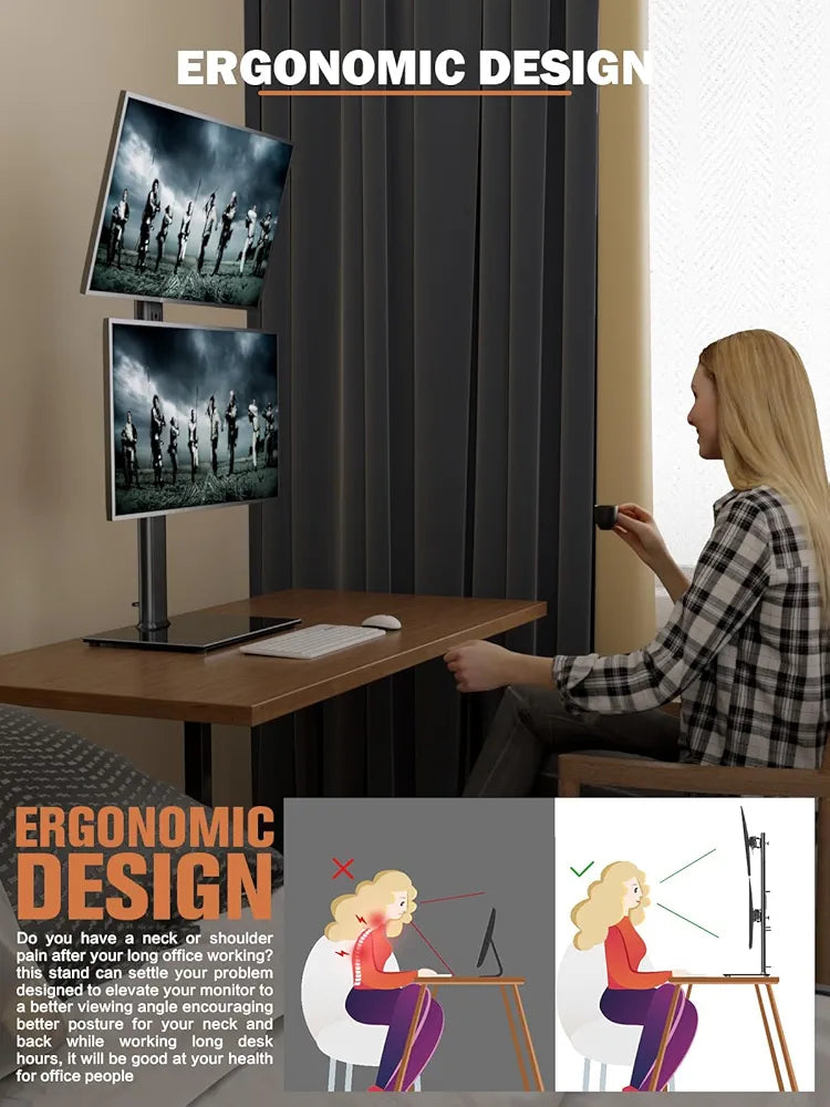 HEMUDU Dual Monitor Stand, Vertical Stack Screen Free-Standing Monitor Riser Fits Two 13 to 34 Inch Screen with Swivel, Tilt, Height Adjustable, Holds One  Screen up to 20kg HT05B-002P