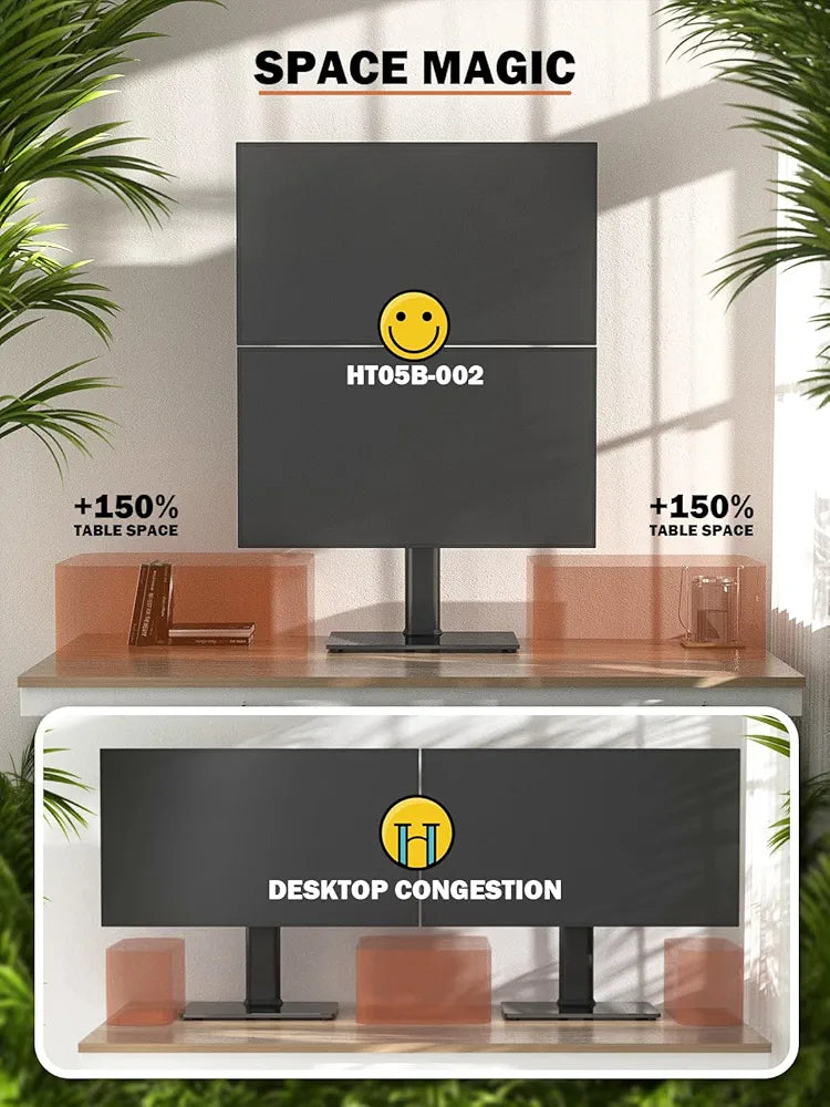 HEMUDU Dual Monitor Stand, Vertical Stack Screen Free-Standing Monitor Riser Fits Two 13 to 34 Inch Screen with Swivel, Tilt, Height Adjustable, Holds One  Screen up to 20kg HT05B-002P