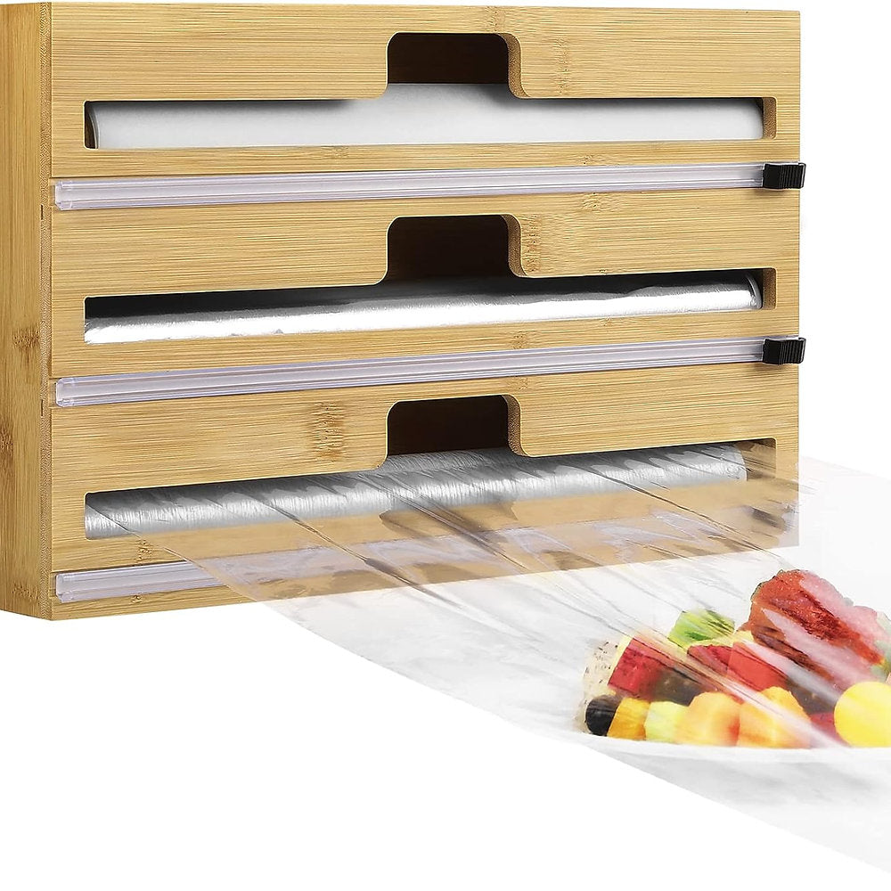 Dispenser, distribuitor de folie bucatarie, 3 in 1, lemn de bambus