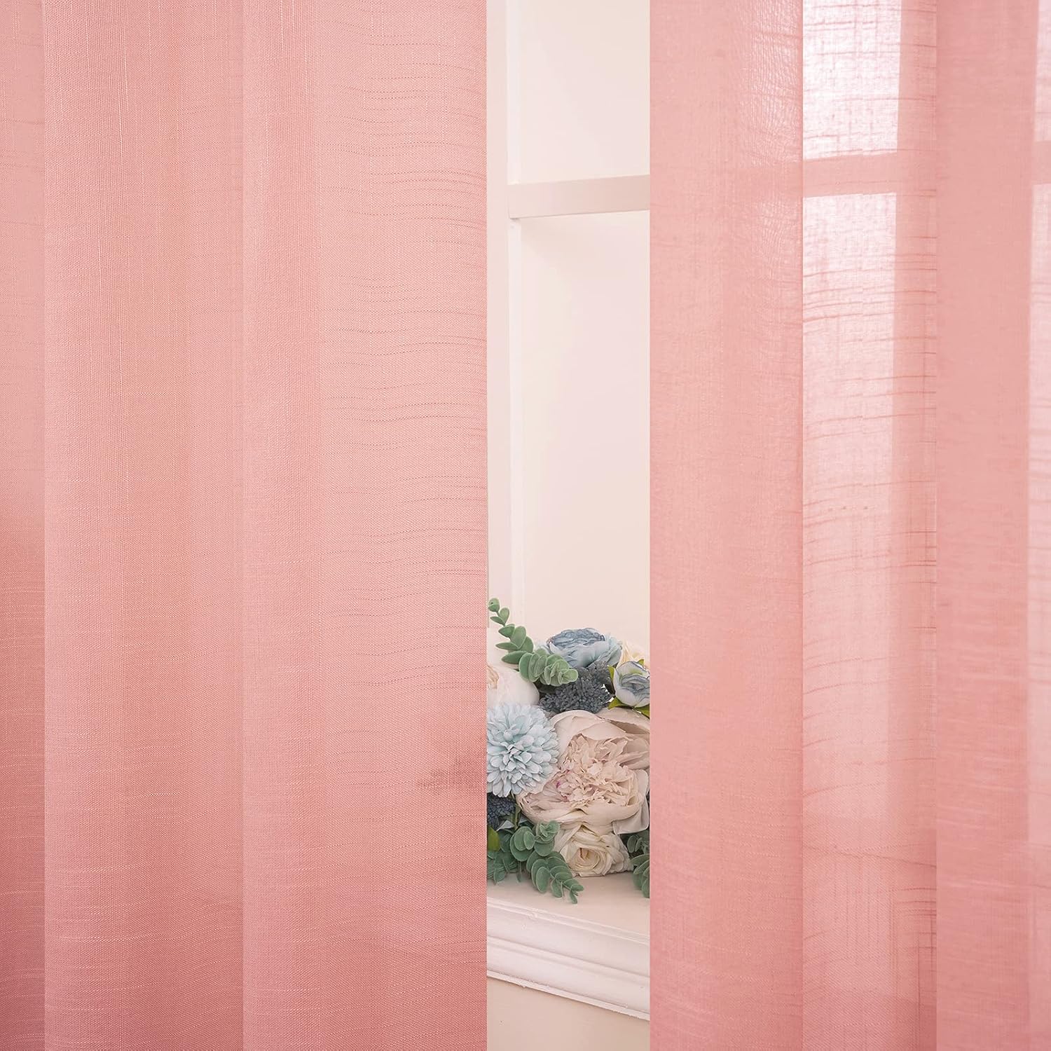 Perdele MIULEE cu bandă cu volane, set de 2 perdele voal transparent, roz, 140 x 260cm
