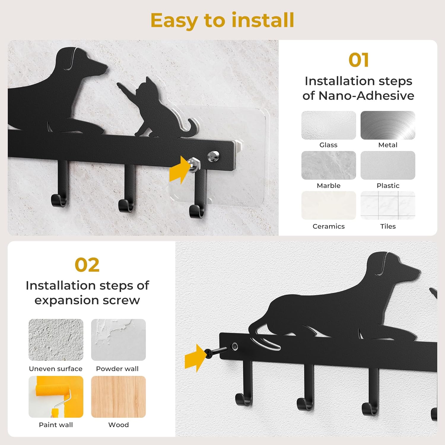 Cuier OriwarE, carlige agtatoatre chei, negru, 10x25cm