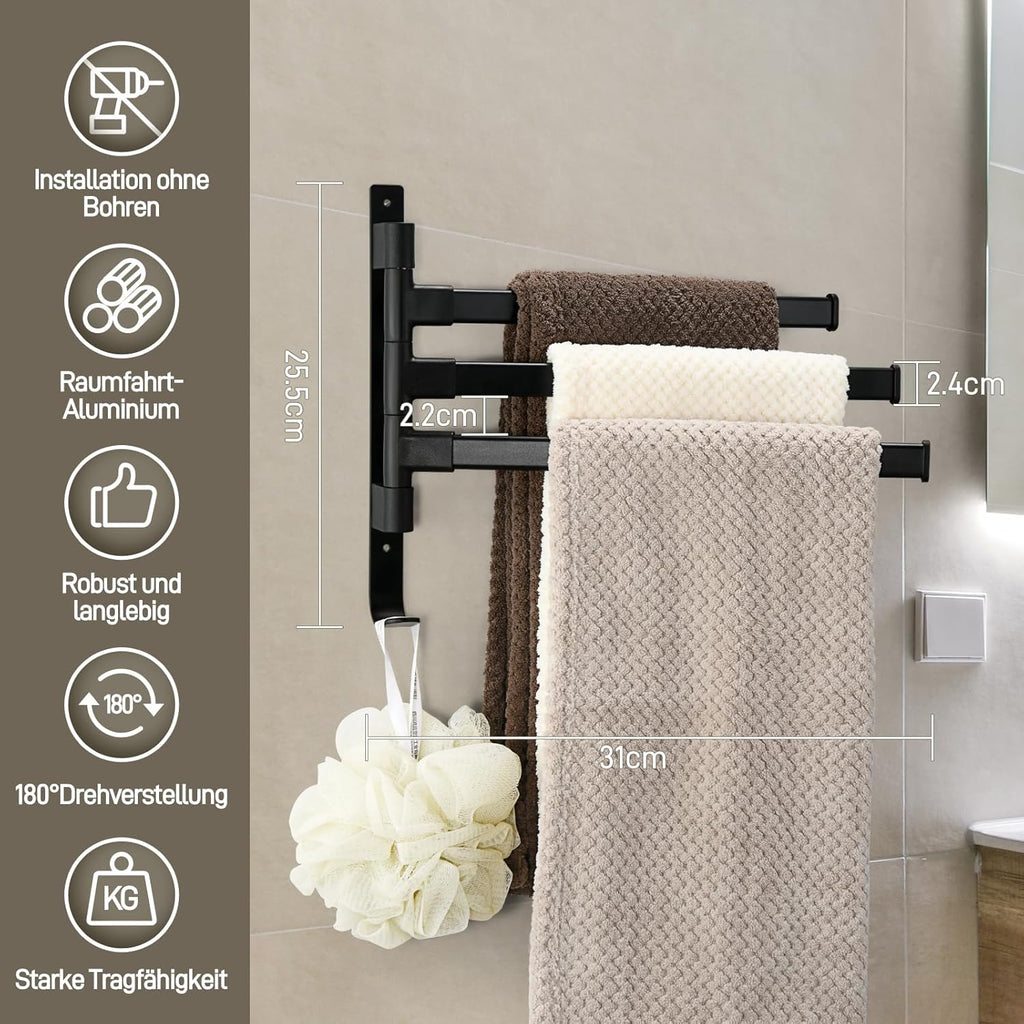 Suport prosoape triplu 180°, fara gaurire, negru