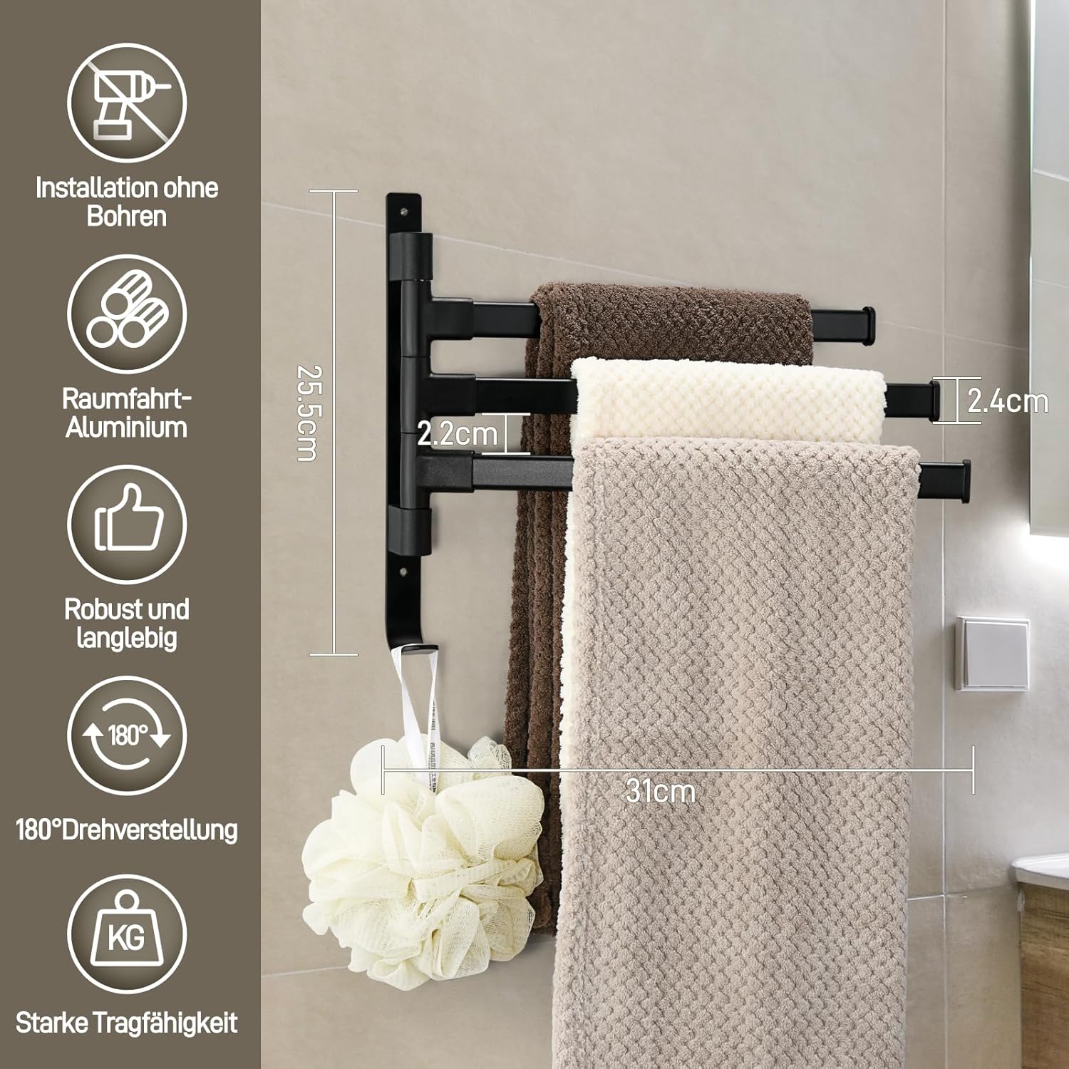 Suport prosoape triplu 180°, fara gaurire, negru