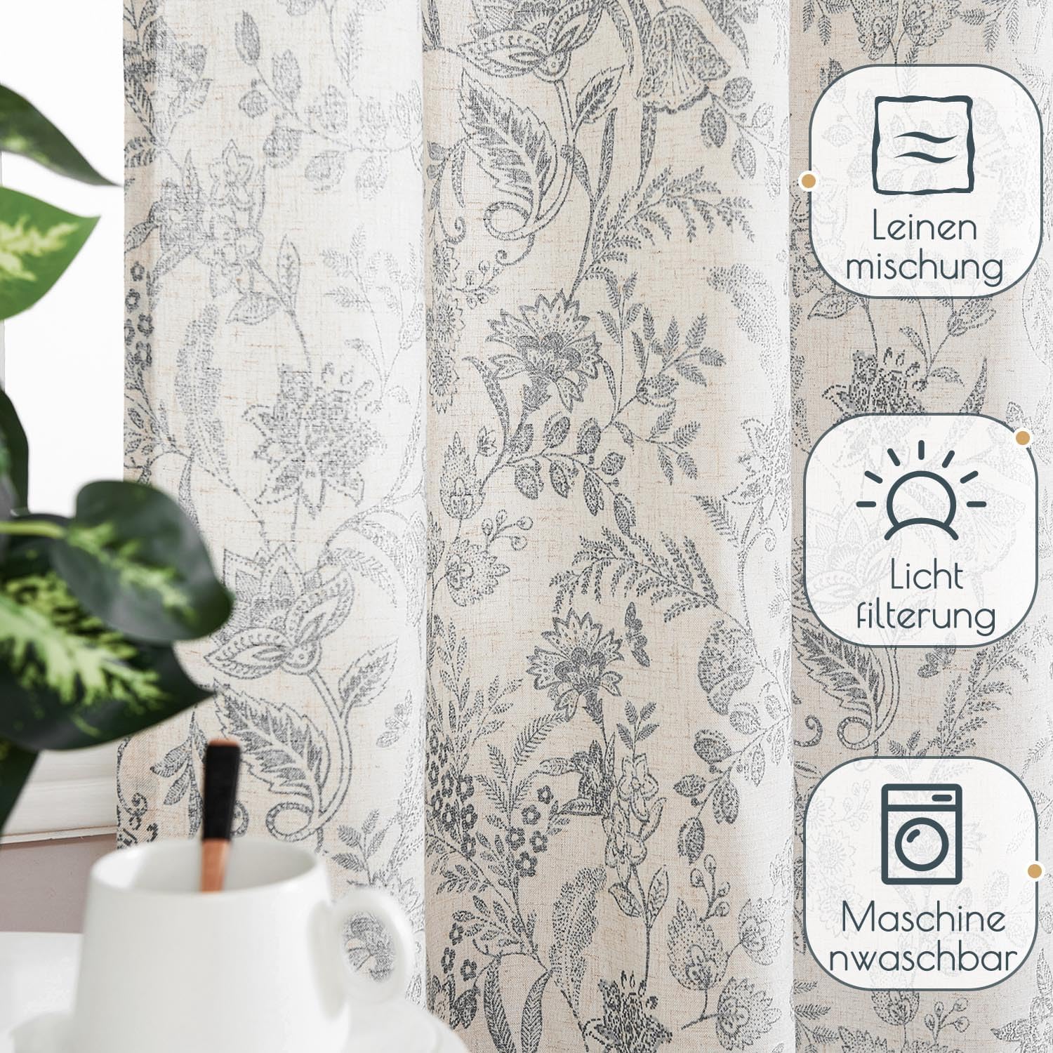 Perdele Vangao semitransparente, bej cu plante gri, in, 140 x 225cm