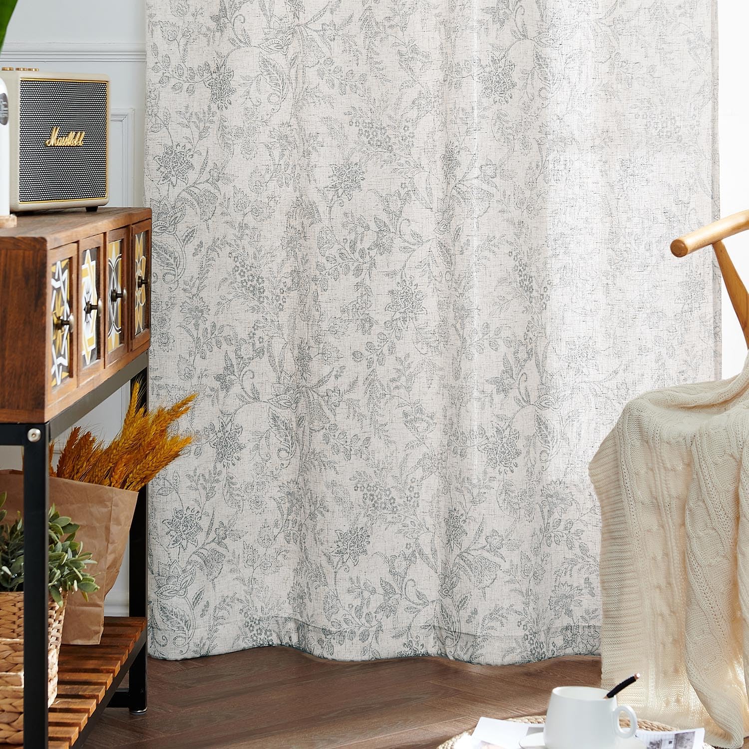 Perdele Vangao semitransparente, bej cu plante gri, in, 140 x 225cm