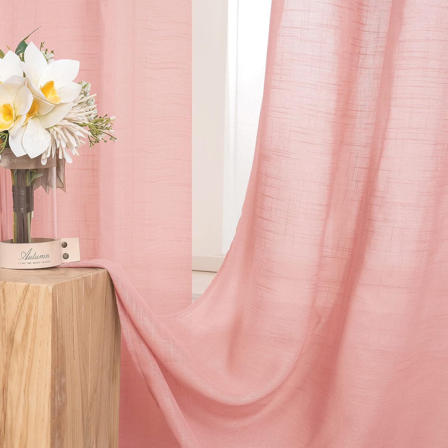Perdele MIULEE cu bandă cu volane, set de 2 perdele voal transparent, roz, 140 x 260cm