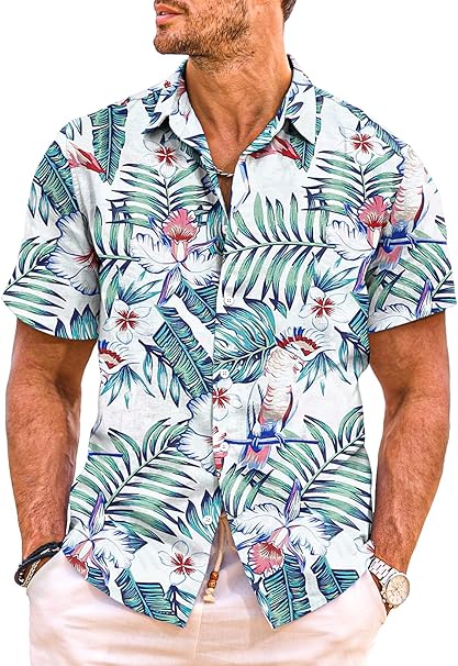 Camasa barbati, Melicloth, maneca scurta, hawaian flamingo, L