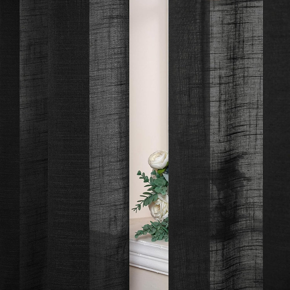 Perdele decorative, MIULEE, din in pur cu ochiuri translucidă,140 x 215 cm negr