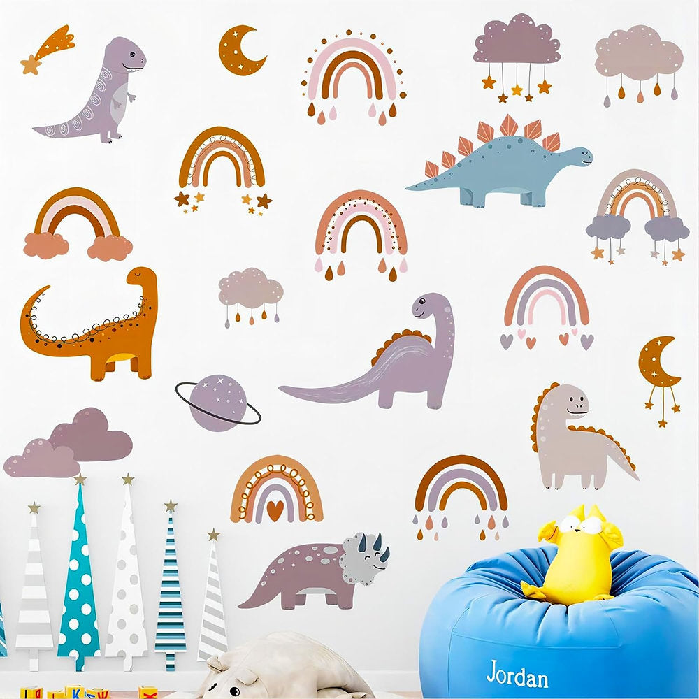 Autocolant de perete cu dinozauri pentru copii, curcubeu și maro, vinil PVC, luc