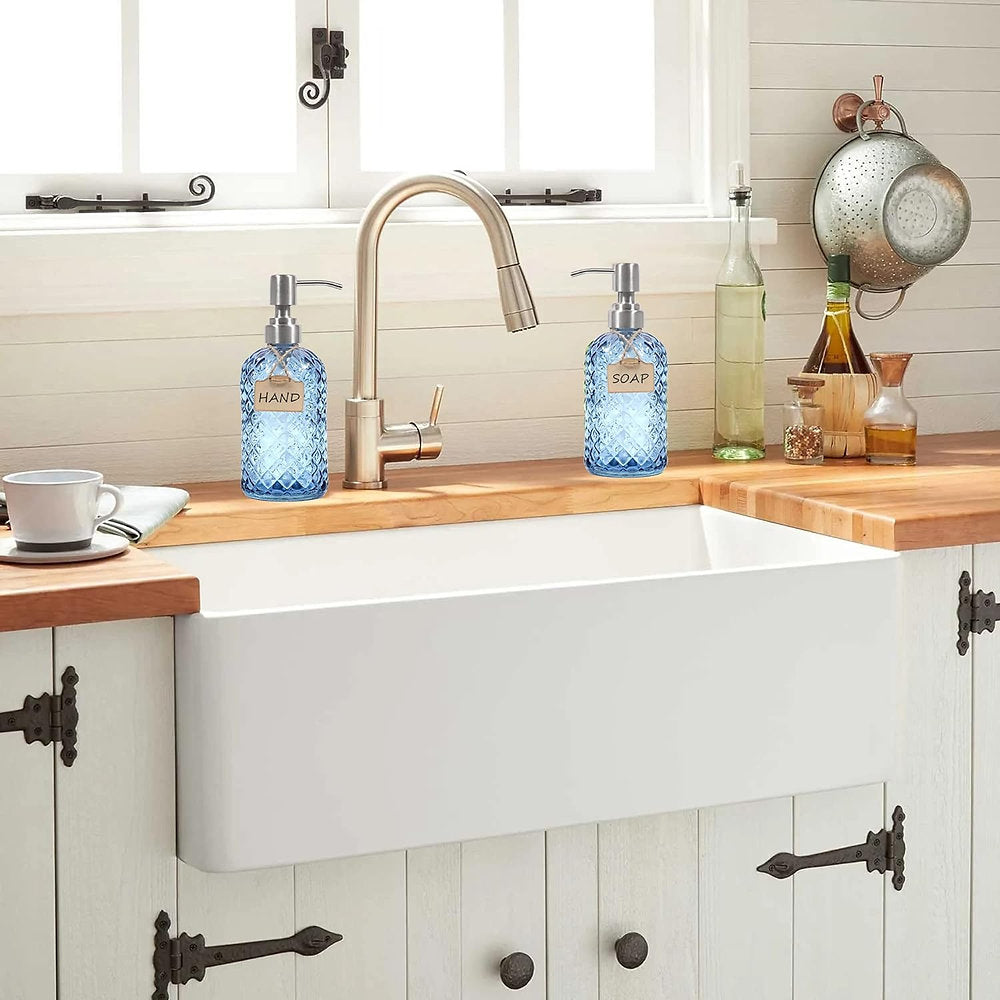 Dozator de săpun pentru mâini și vase din sticlă cu pompă din inox 304, albastru