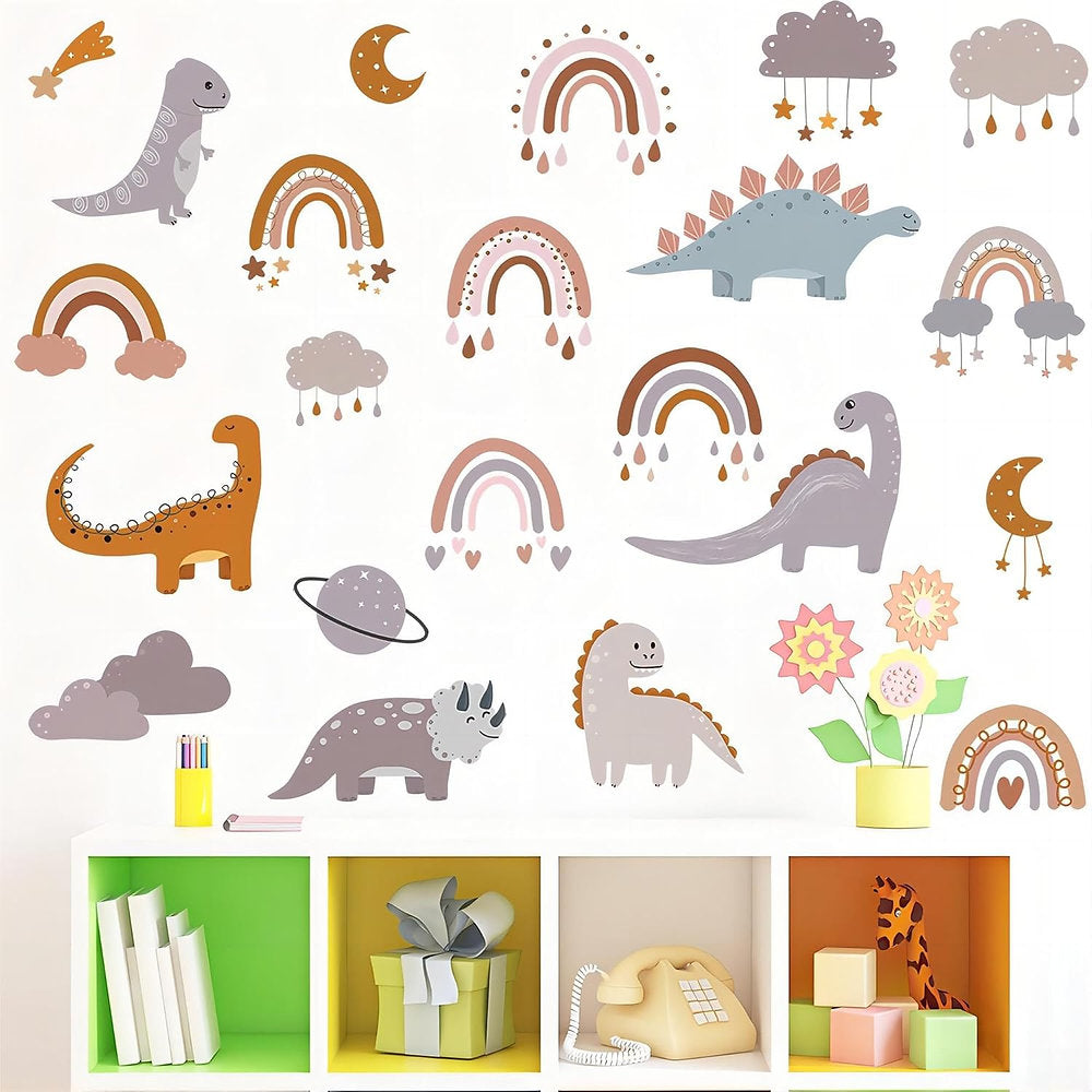 Autocolant de perete cu dinozauri pentru copii, curcubeu și maro, vinil PVC, luc