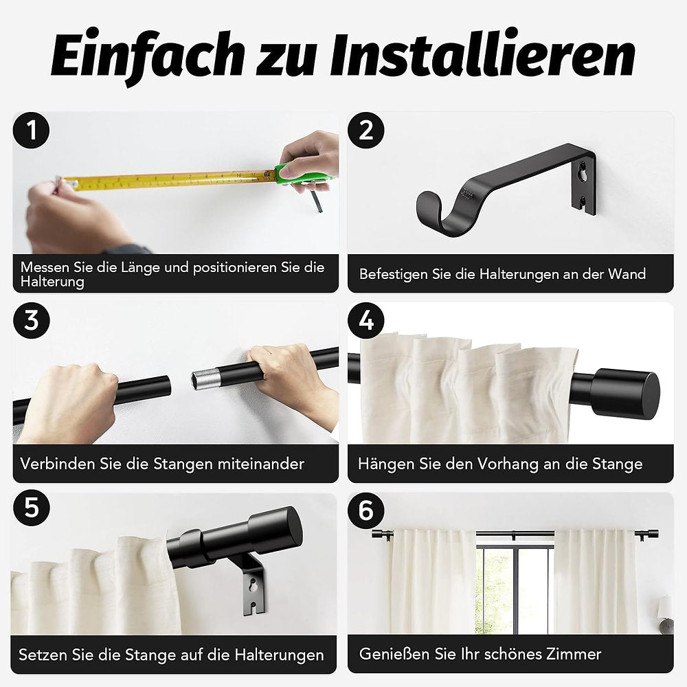 Set de 2 Galerii, bara perdele, draperii, 76 - 152cm, negru mat