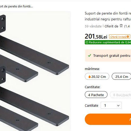 Suport polite, metalice pentru rafturi 30x4cm, set de 2