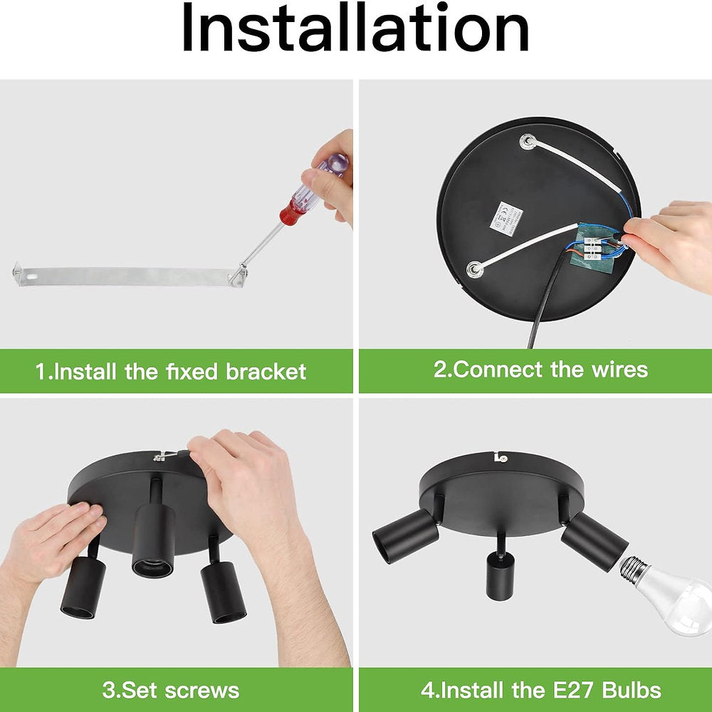 Plafoniera 3 cai, E27, reglabila 360 de grade, negru retro