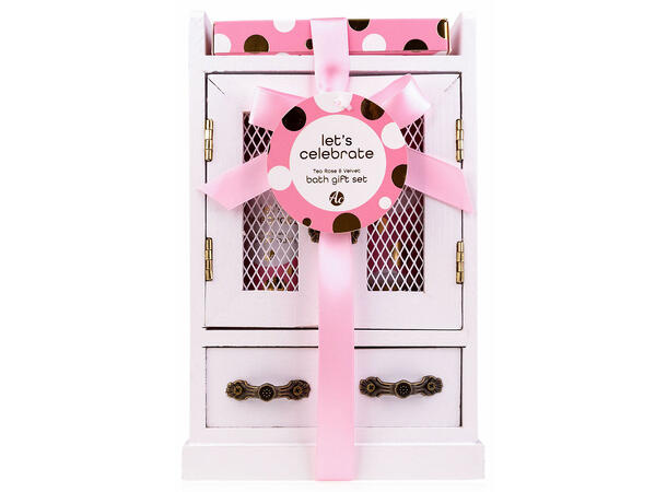 Set cadou cu 3 produse de baie cu aroma trandafir in dulapior alb de lemn, LET´S CELEBRATE