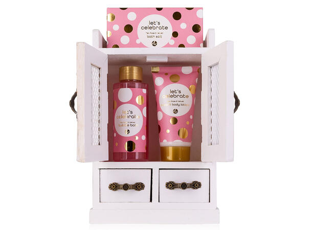 Set cadou cu 3 produse de baie cu aroma trandafir in dulapior alb de lemn, LET´S CELEBRATE