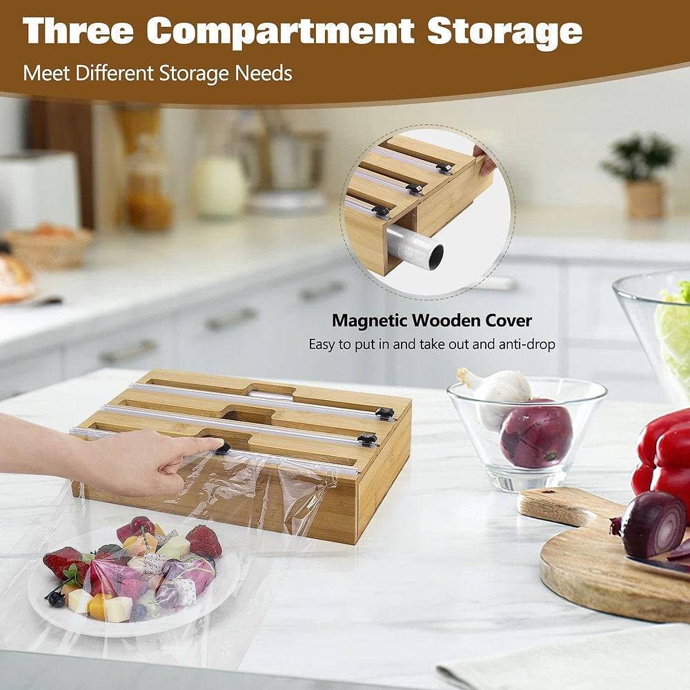 Dispenser, distribuitor de folie bucatarie, 3 in 1, lemn de bambus