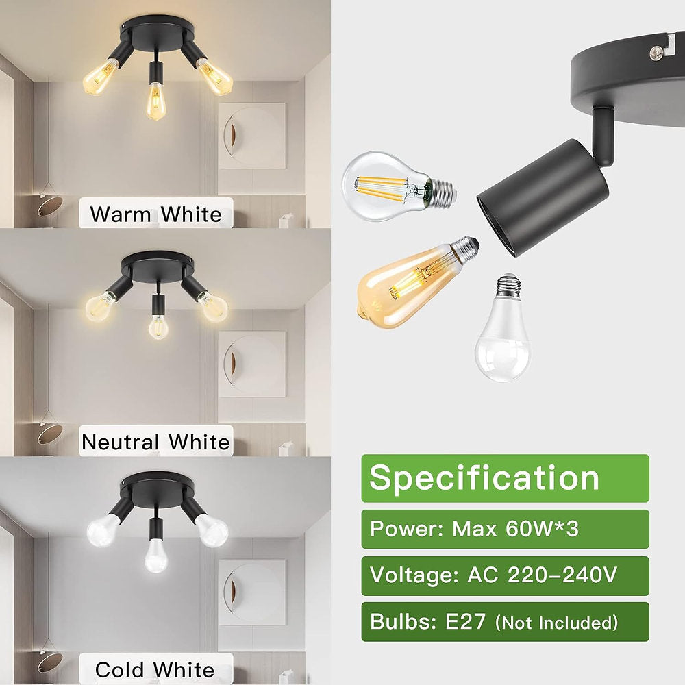 Plafoniera 3 cai, E27, reglabila 360 de grade, negru retro