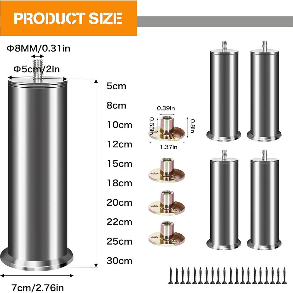 Pachet 4 picioare mobilier inox, dulap, canapea 8 cm