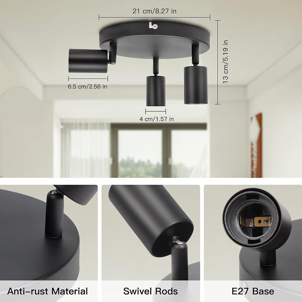 Plafoniera 3 cai, E27, reglabila 360 de grade, negru retro