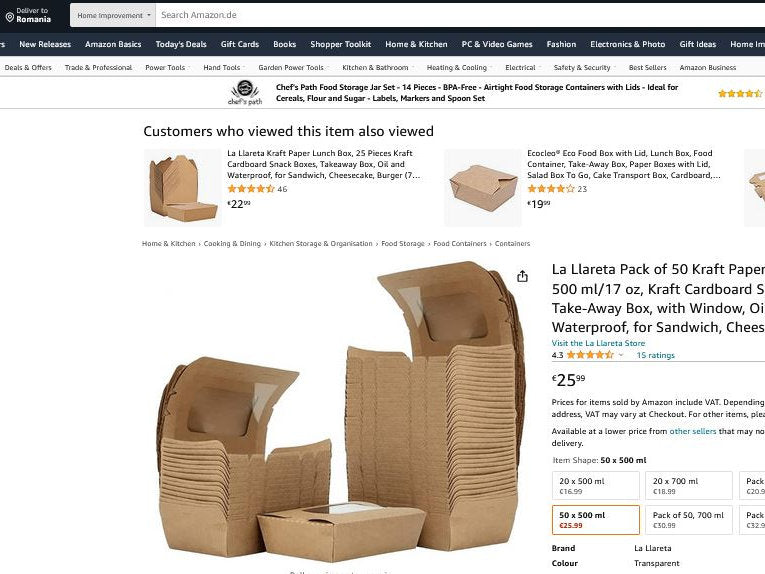 Cutii de carton takeaway cu capac, 15x11x5cm, set de 50