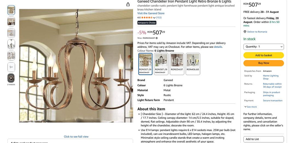 Candelabru, lustra rustica, Ganeed, retro, bronz periat